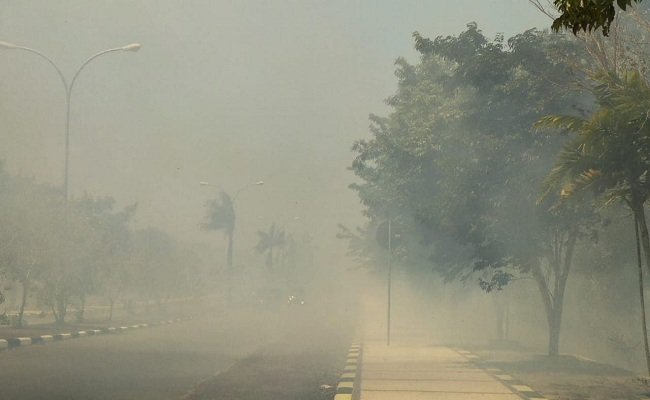 Titip api terdekat kebakaran hutan di Kota Namlea, membuat sejumlah ruas jalan di kota itu terlihat diselimuti kabut asap. Kondisi ini mengakibatkan lalulintas di Kota Namlea menjadi terganggu, karena kabut asap menghalangi jarak pandang, Selasa (10/9/2019) (FOTO : ISTIMEWA) 