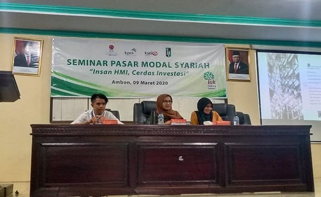 HMI Cabang Ambon menggelar Seminar Pasar Modal Syariah yang dipusatkan di Auditorium Fakultas Ekonomi dan Bisnis Unpatti, Ambon, Senin (9/03/2020) 