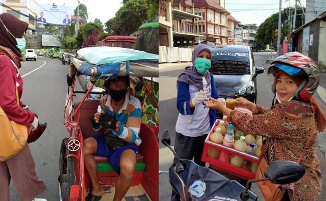 Aksi membagikan hand sanitizer secara gratis dilakukan Apoteker Muda Maluku kepada pedagang asongan dan tukang becak di kota Ambon, Minggu (12/4/2020)