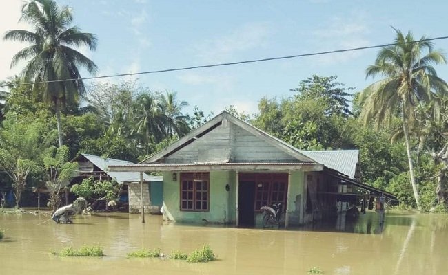 Puluhan rumah warga yang berada di lokasi paling terendah dan tidak jauh dari bibir sungai Waeapo, Desa Waenetat, Kecamatan Waeapo, Kabupaten Buru tergenang air akibat meluapnya sungai Waeapo, Minggu (5/7/2020) (FOTO: Istimewa)