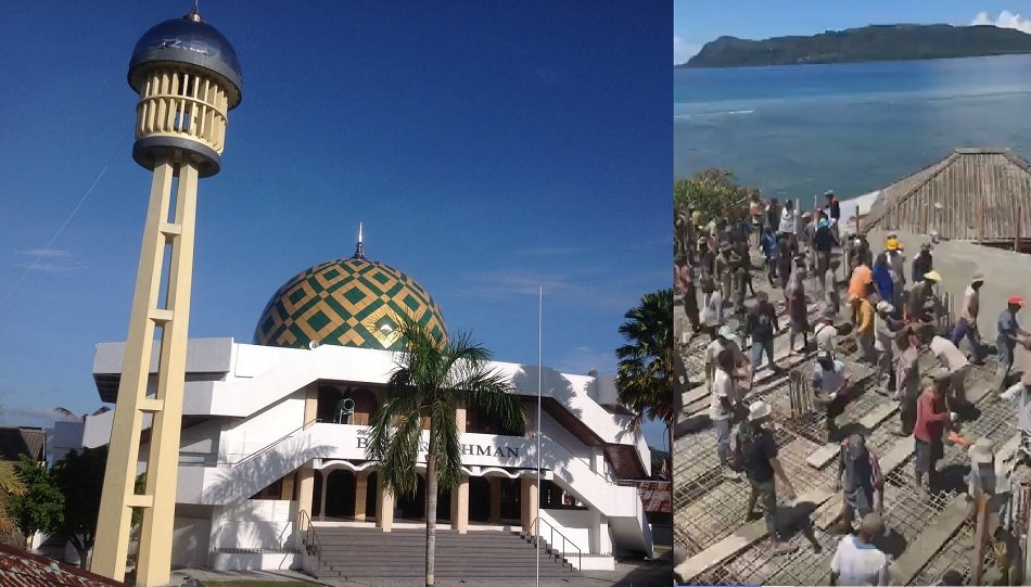 Masjid Baiturrahman Negeri Siri Sori Islam. Kegiatan pengecoran lantai dua bangunan tempat air wudhu (Foto : Istimewa)